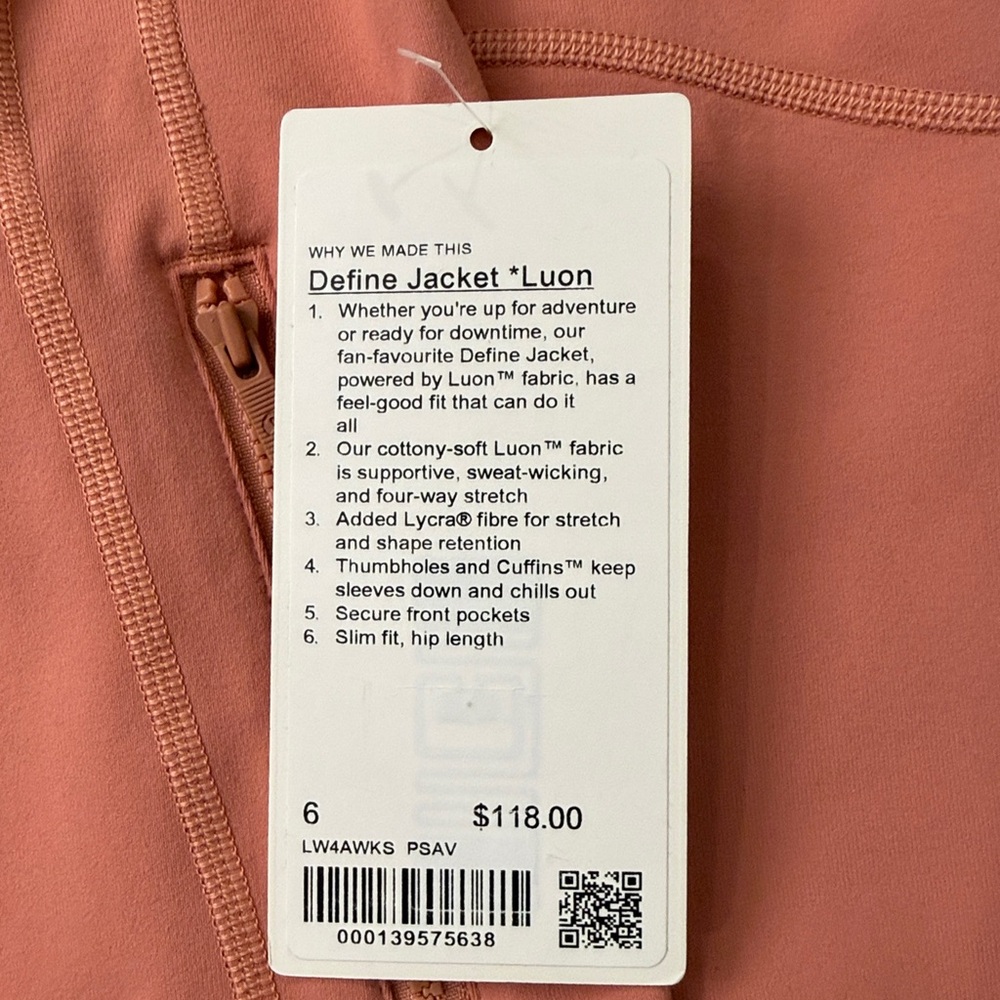 💕 Lululemon Define Women’s Jacket NWT in the color Pink Savannah. Size 6 - Picture 5 of 5